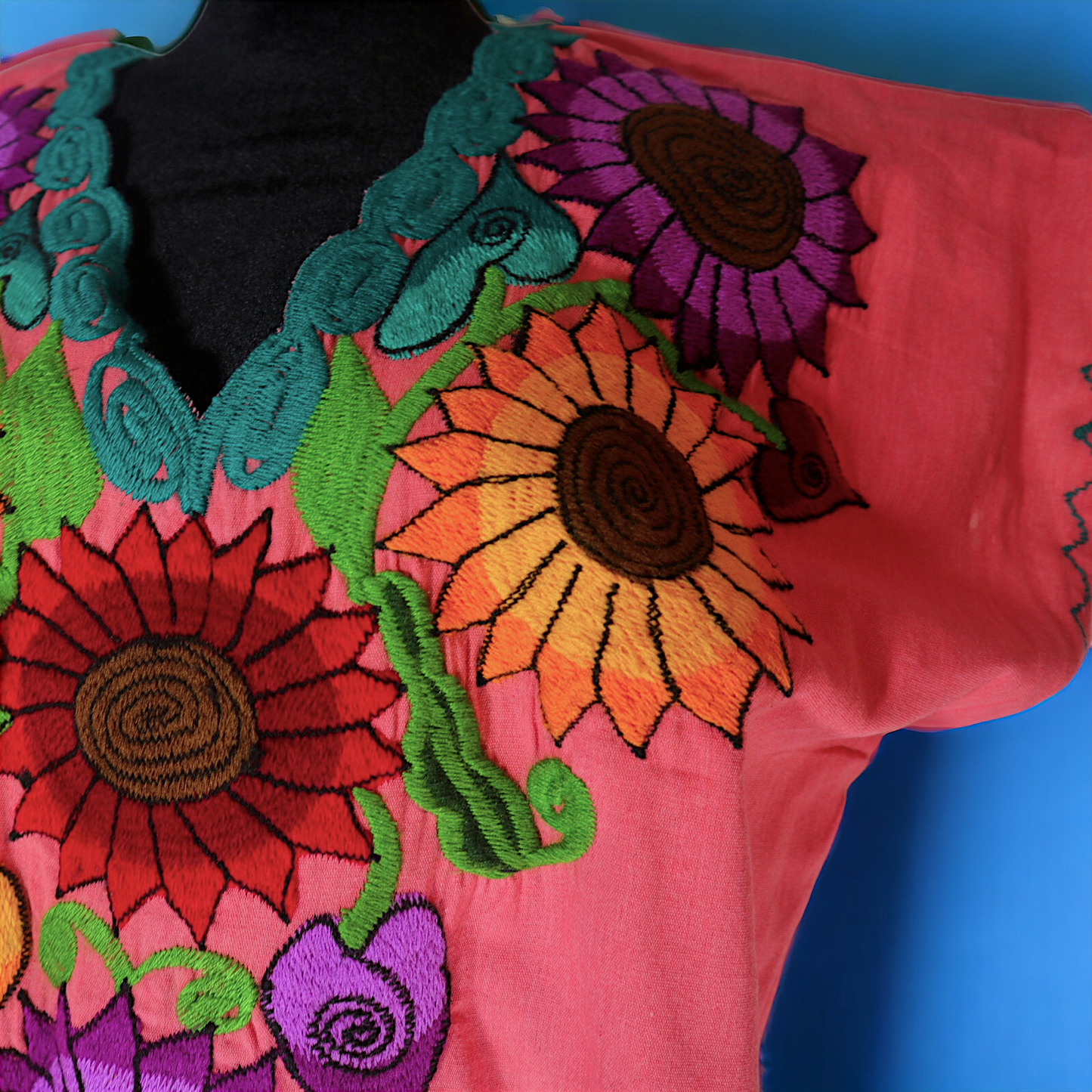 Mexican Colorful Embroidered Sunflower Dress